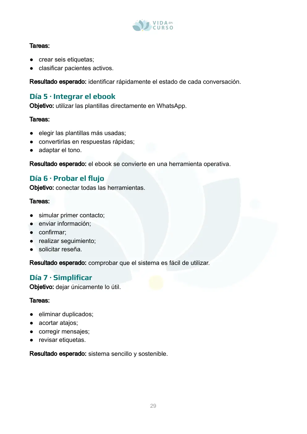 Página del plan de implementación en siete días