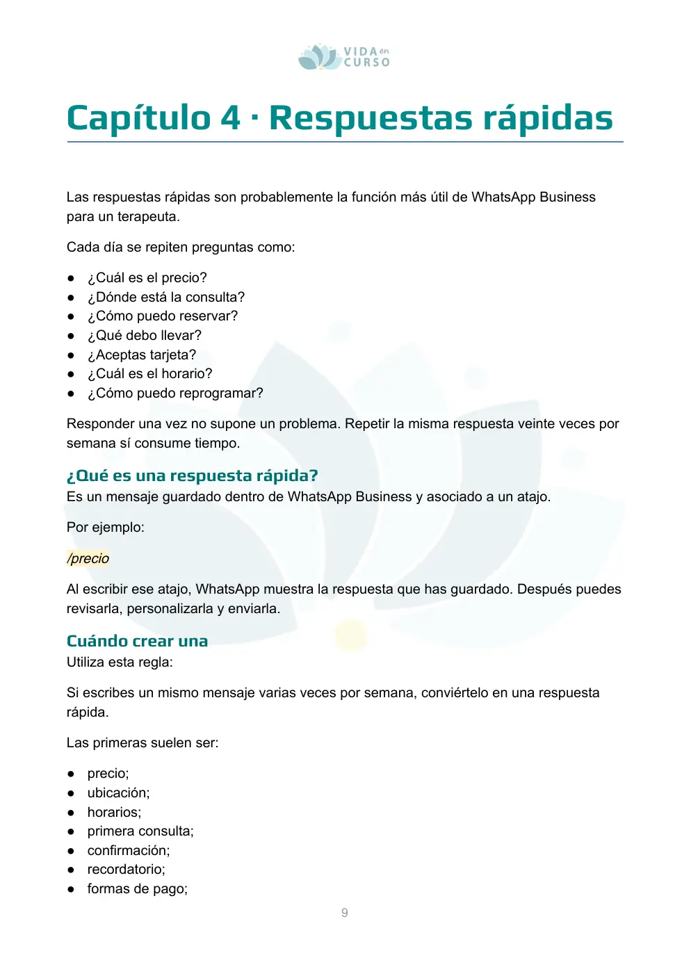 Página sobre respuestas rápidas del manual